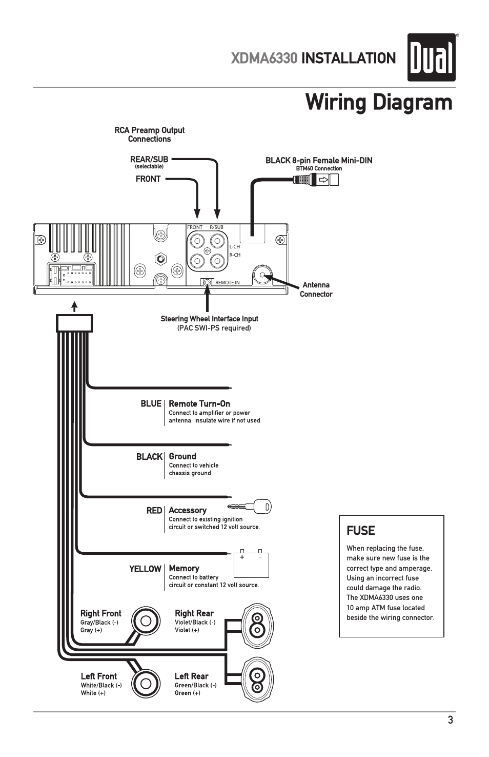 Wiring diagram, Xdma6330 installation, Fuse | Dual XDMA6330 User Manual | Page 3 / 32