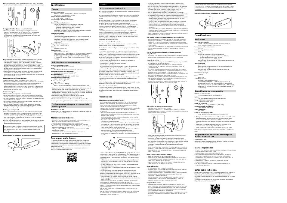 Spécifications, Marques de commerce, Remarques sur la licence | Precauciones, Especificaciones, Marcas registradas, Notas sobre la licencia | Sony FE 70-200mm f/2.8 GM OSS II Lens User Manual | Page 2 / 2