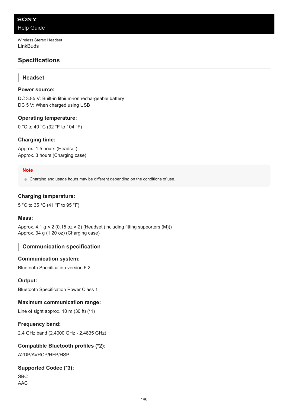 Specifications | Sony FE 100-400mm f/4.5-5.6 GM OSS Lens User Manual | Page 146 / 147