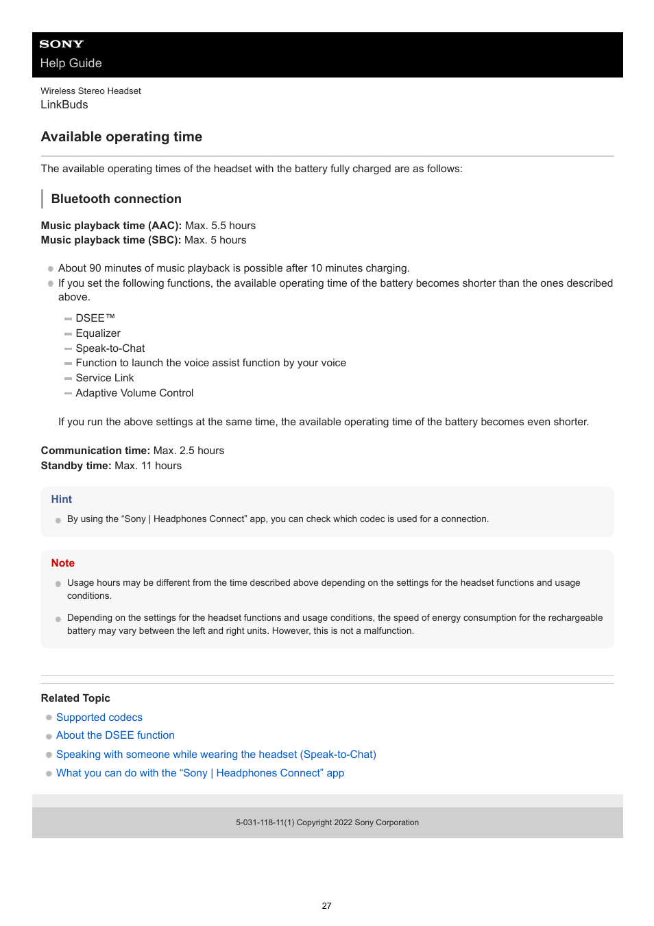 Available operating time | Sony FE 100-400mm f/4.5-5.6 GM OSS Lens User Manual | Page 27 / 147