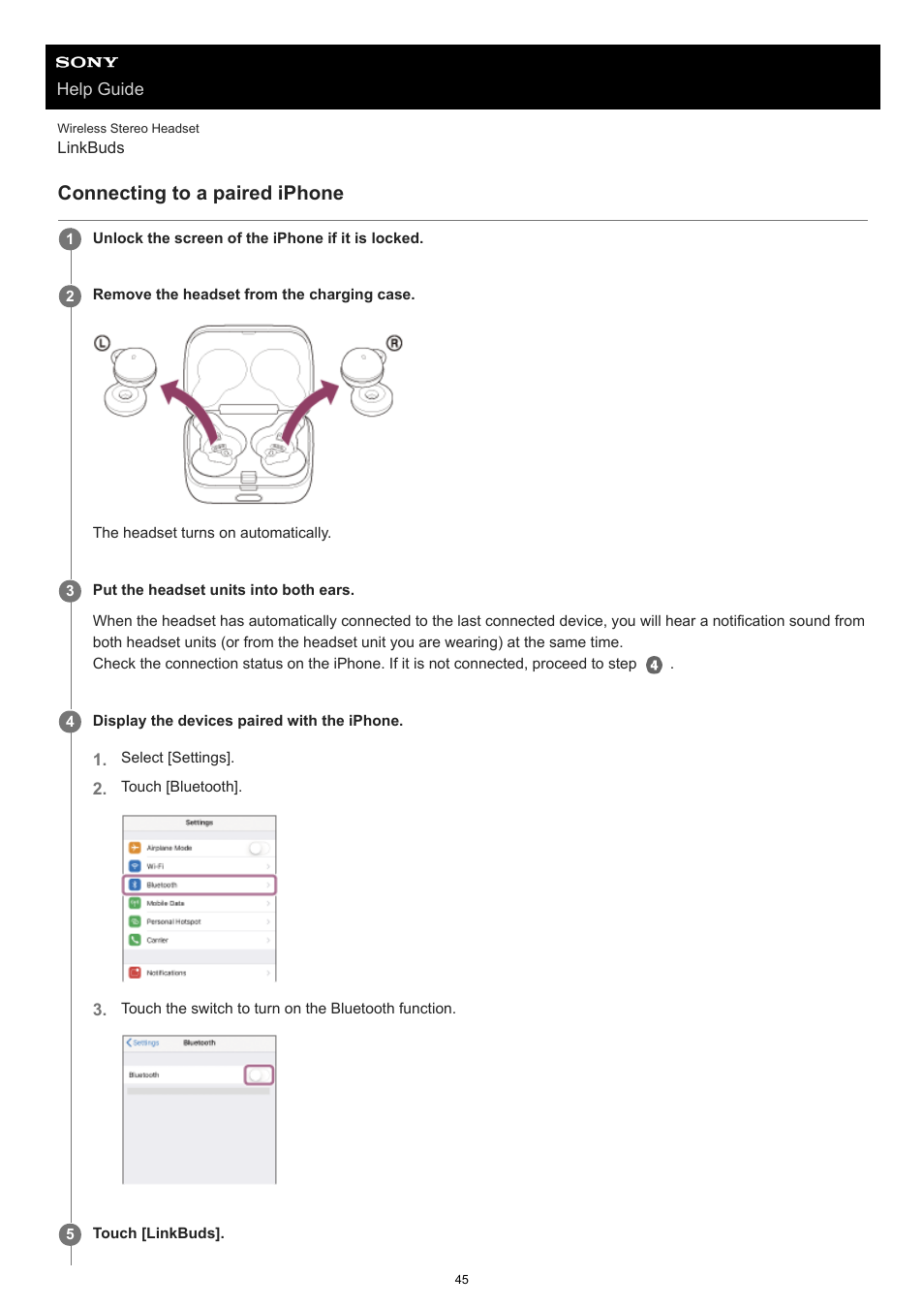 Connecting to a paired iphone, Headphones connect, Connecting | To a paired iphone, To connect to the headset, If they are not connected, see | Sony FE 100-400mm f/4.5-5.6 GM OSS Lens User Manual | Page 45 / 147