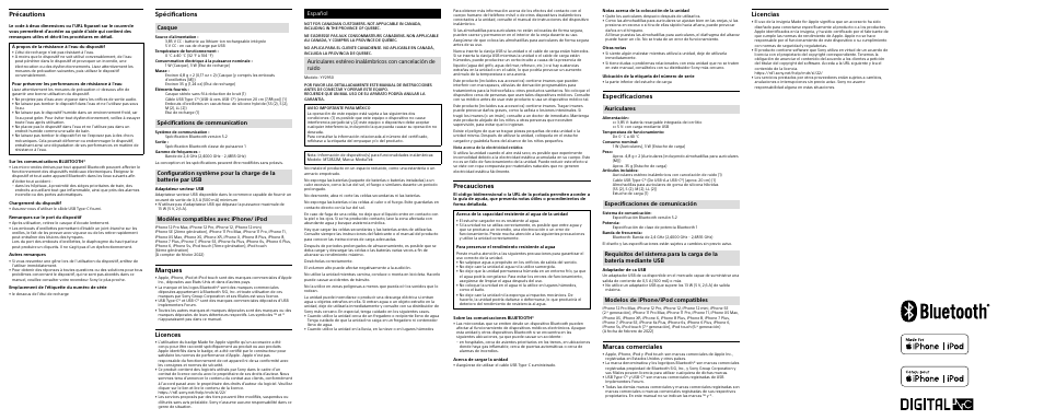 Précautions, Spécifications, Marques | Licences, Precauciones, Especificaciones, Marcas comerciales, Licencias | Sony FE 16-35mm f/2.8 GM Lens User Manual | Page 2 / 2