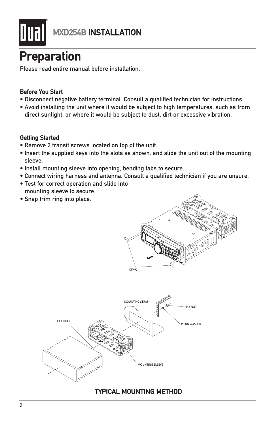 Preparation, Mxd254b installation, Typical mounting method | Dual MXD254B User Manual | Page 2 / 12