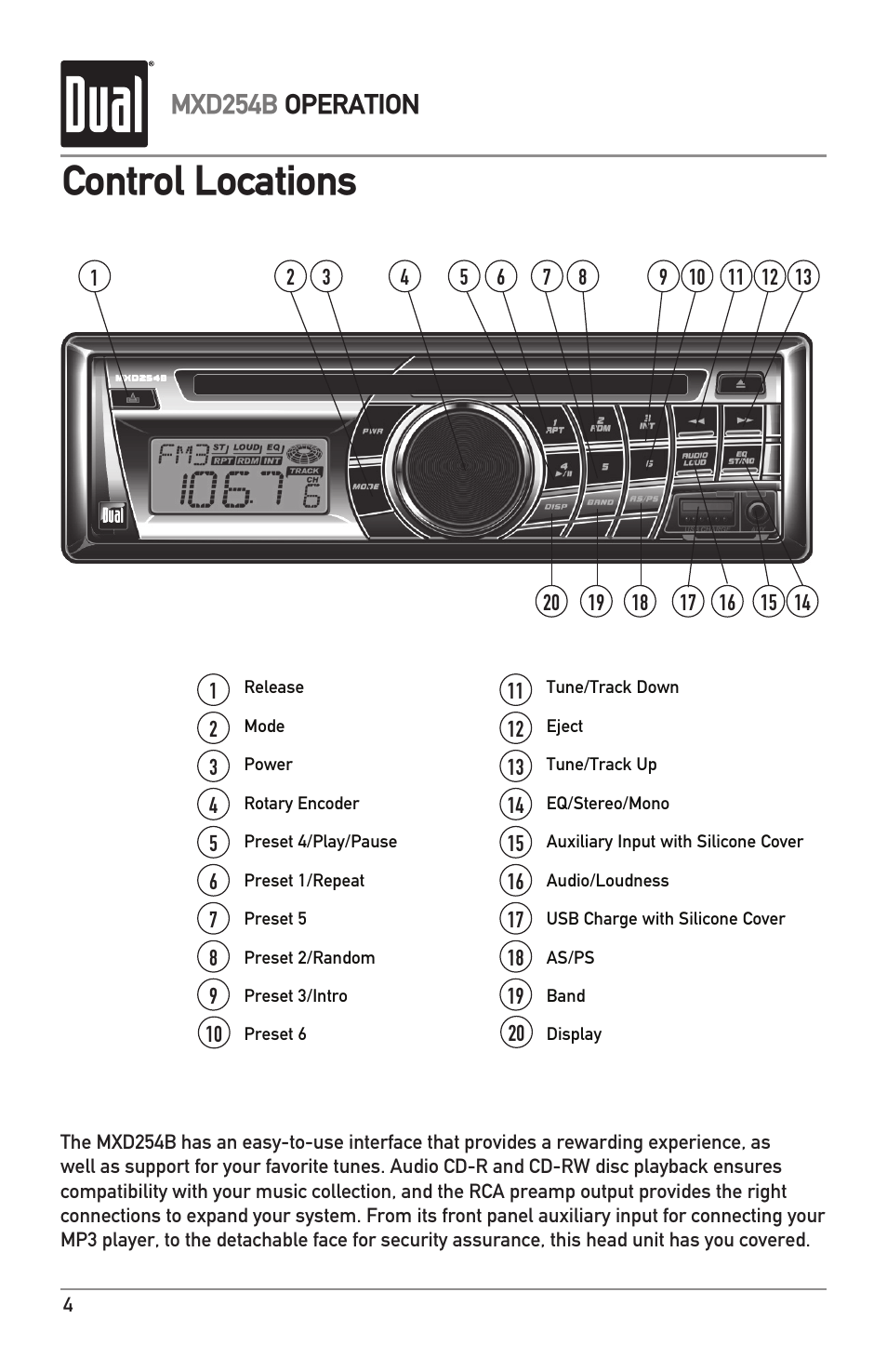 Control locations, Mxd254b operation | Dual MXD254B User Manual | Page 4 / 12