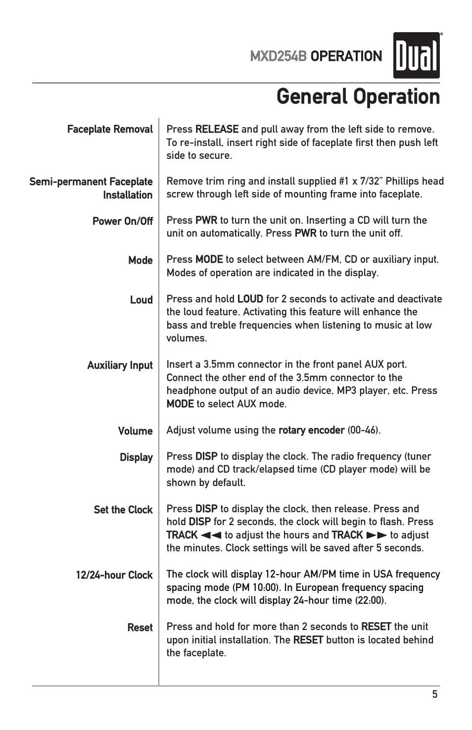 General operation, Mxd254b operation | Dual MXD254B User Manual | Page 5 / 12