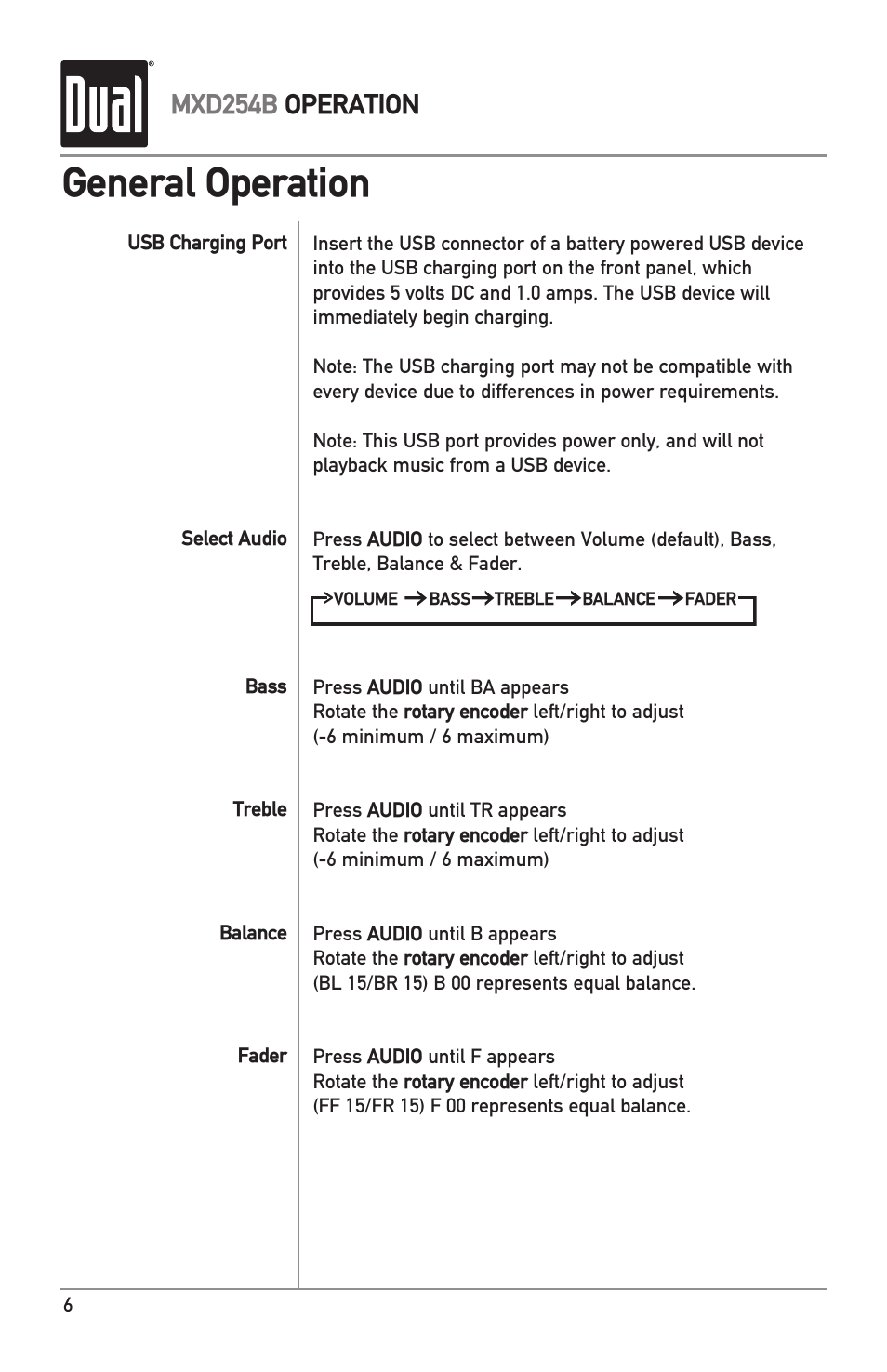 General operation, Mxd254b operation | Dual MXD254B User Manual | Page 6 / 12