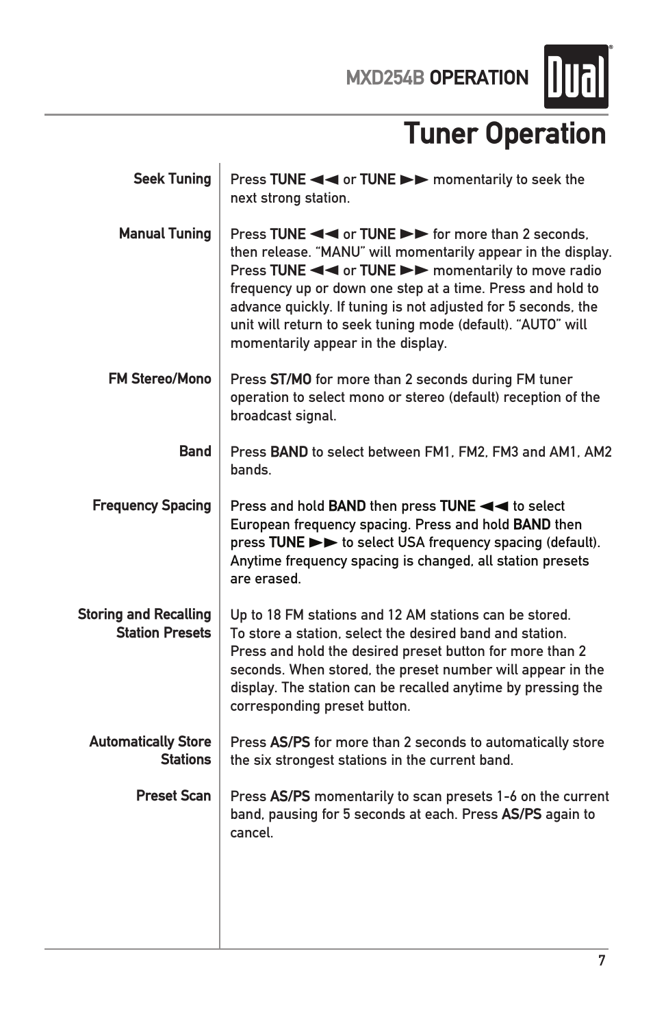 Tuner operation | Dual MXD254B User Manual | Page 7 / 12