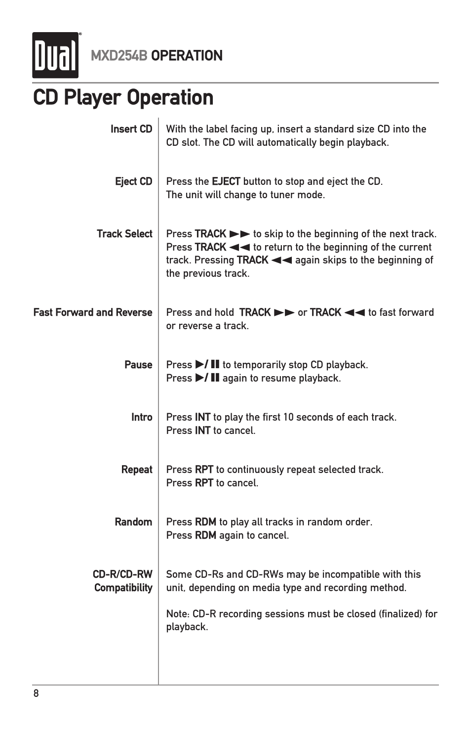 Cd player operation | Dual MXD254B User Manual | Page 8 / 12