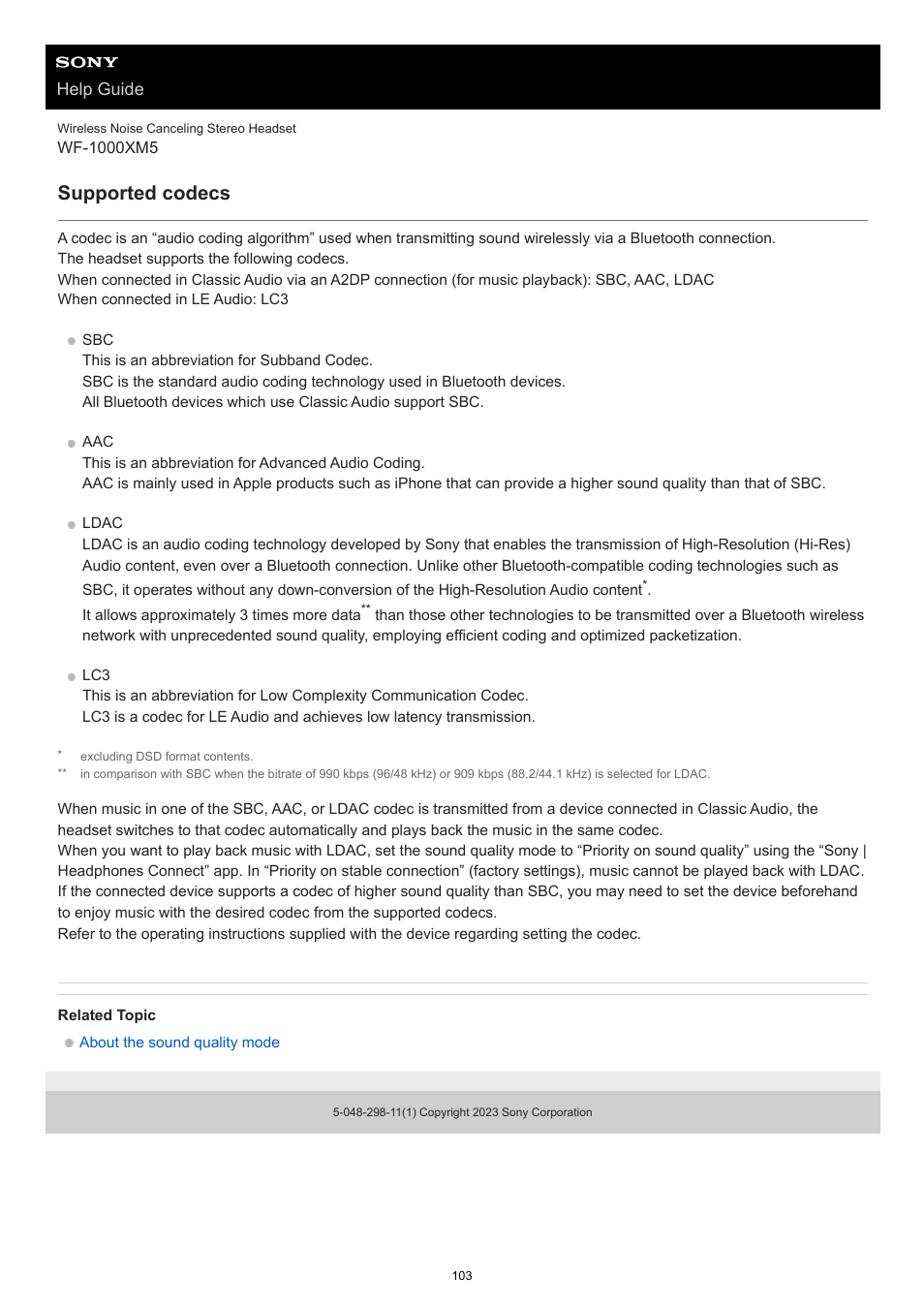 Supported codecs, Help guide | Sony E 55-210mm f/4.5-6.3 OSS Lens (Black) User Manual | Page 103 / 178