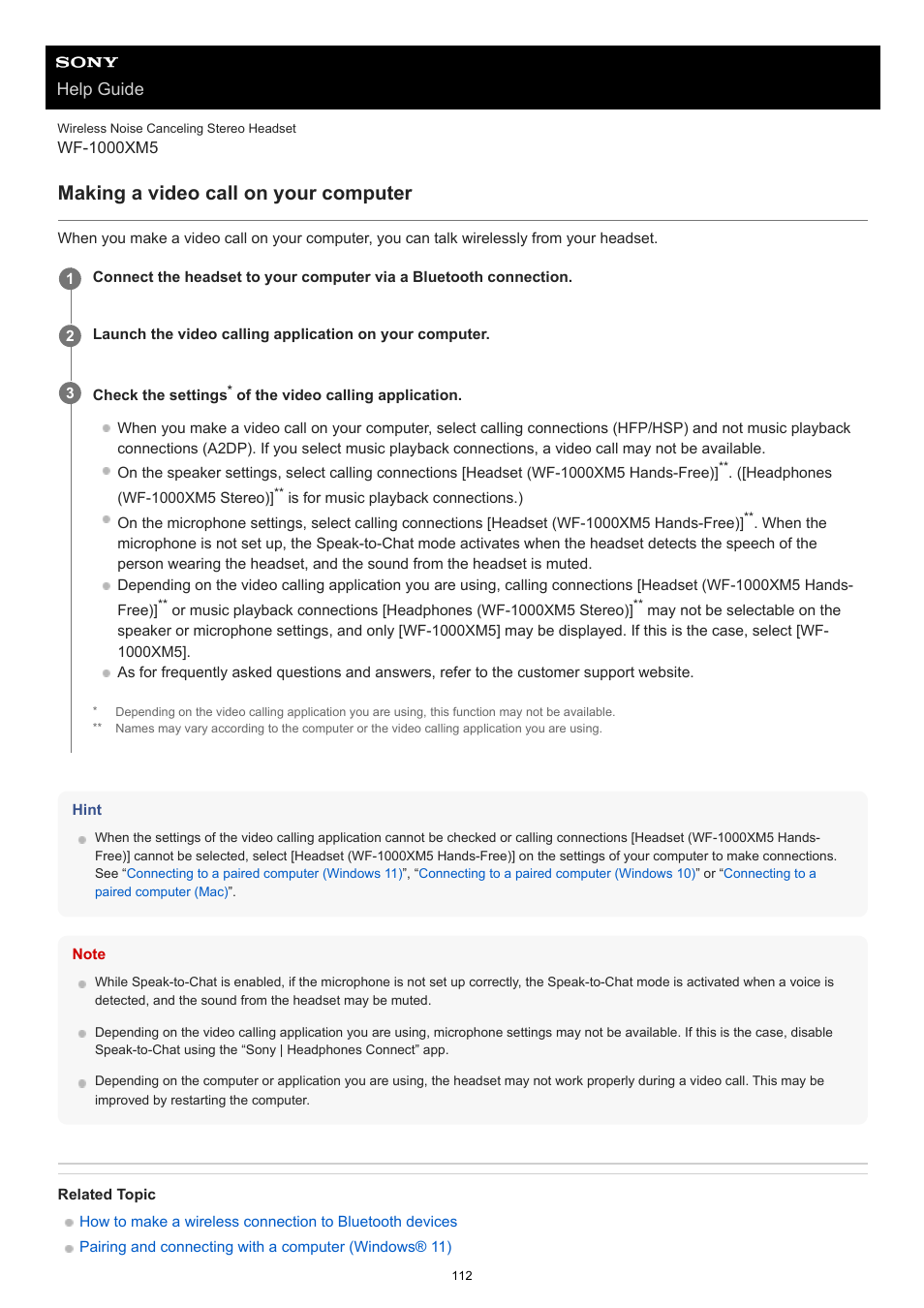 Making a video call on your computer, Help guide | Sony E 55-210mm f/4.5-6.3 OSS Lens (Black) User Manual | Page 112 / 178