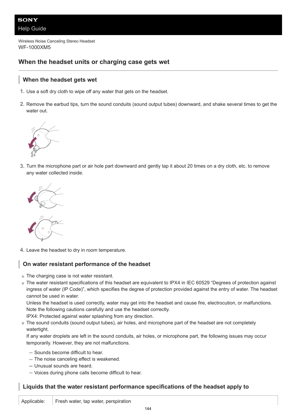 When the headset units or charging case gets wet, When the headset units or charging, Case gets wet | Sections | Sony E 55-210mm f/4.5-6.3 OSS Lens (Black) User Manual | Page 144 / 178