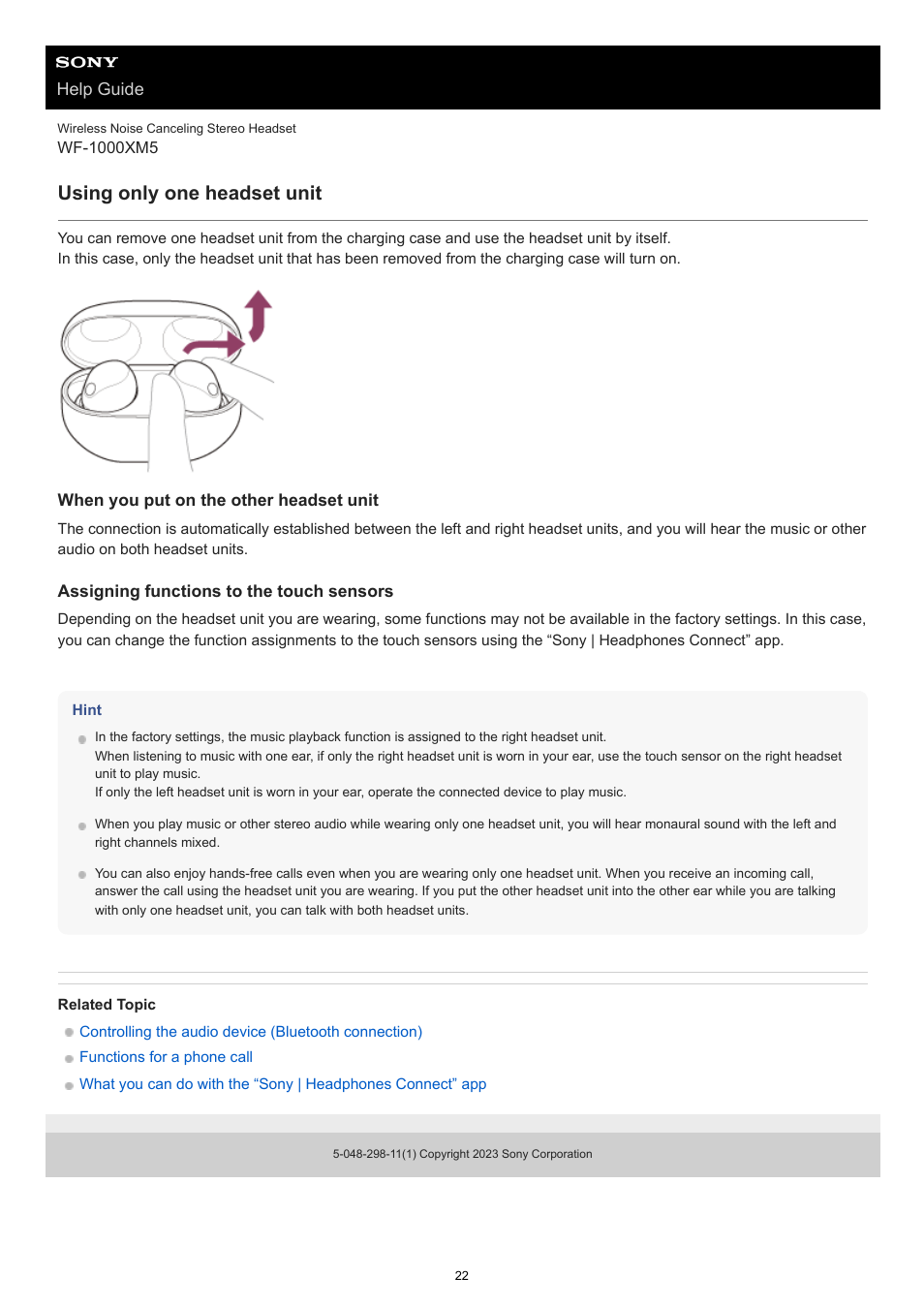 Using only one headset unit | Sony E 55-210mm f/4.5-6.3 OSS Lens (Black) User Manual | Page 22 / 178