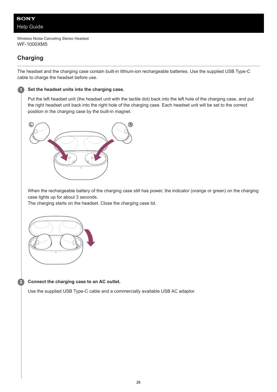 Charging the headset, Charging | Sony E 55-210mm f/4.5-6.3 OSS Lens (Black) User Manual | Page 26 / 178