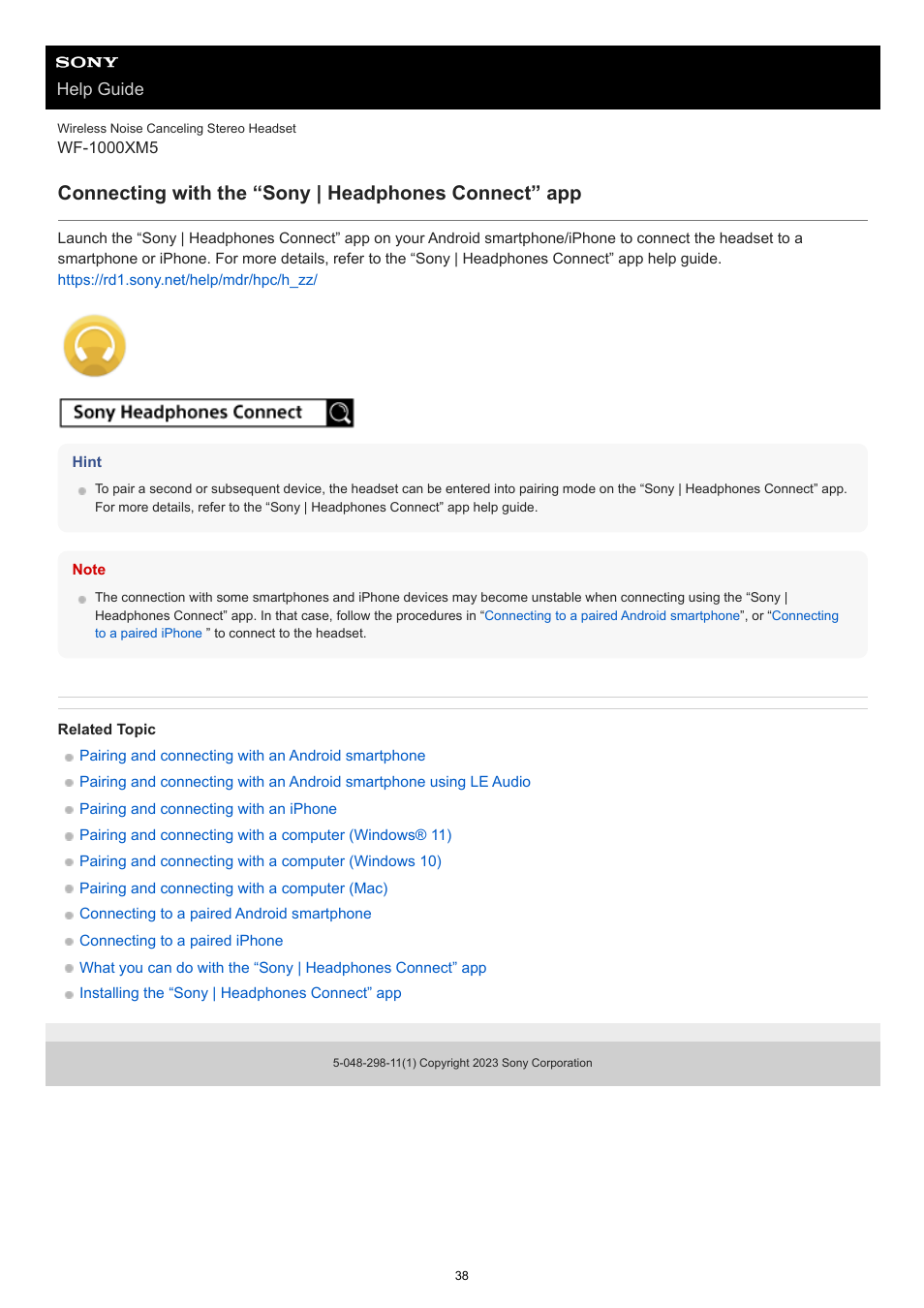 Establishing a bluetooth® connection, Help guide | Sony E 55-210mm f/4.5-6.3 OSS Lens (Black) User Manual | Page 38 / 178