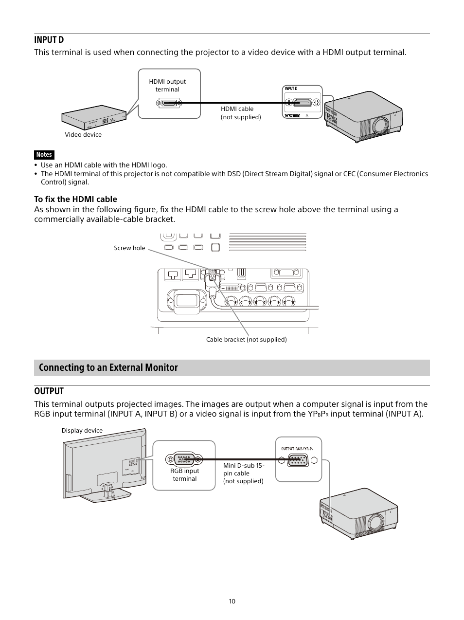 Connecting to an external monitor, Input d, Output | Sony E 15mm f/1.4 G Lens User Manual | Page 10 / 64