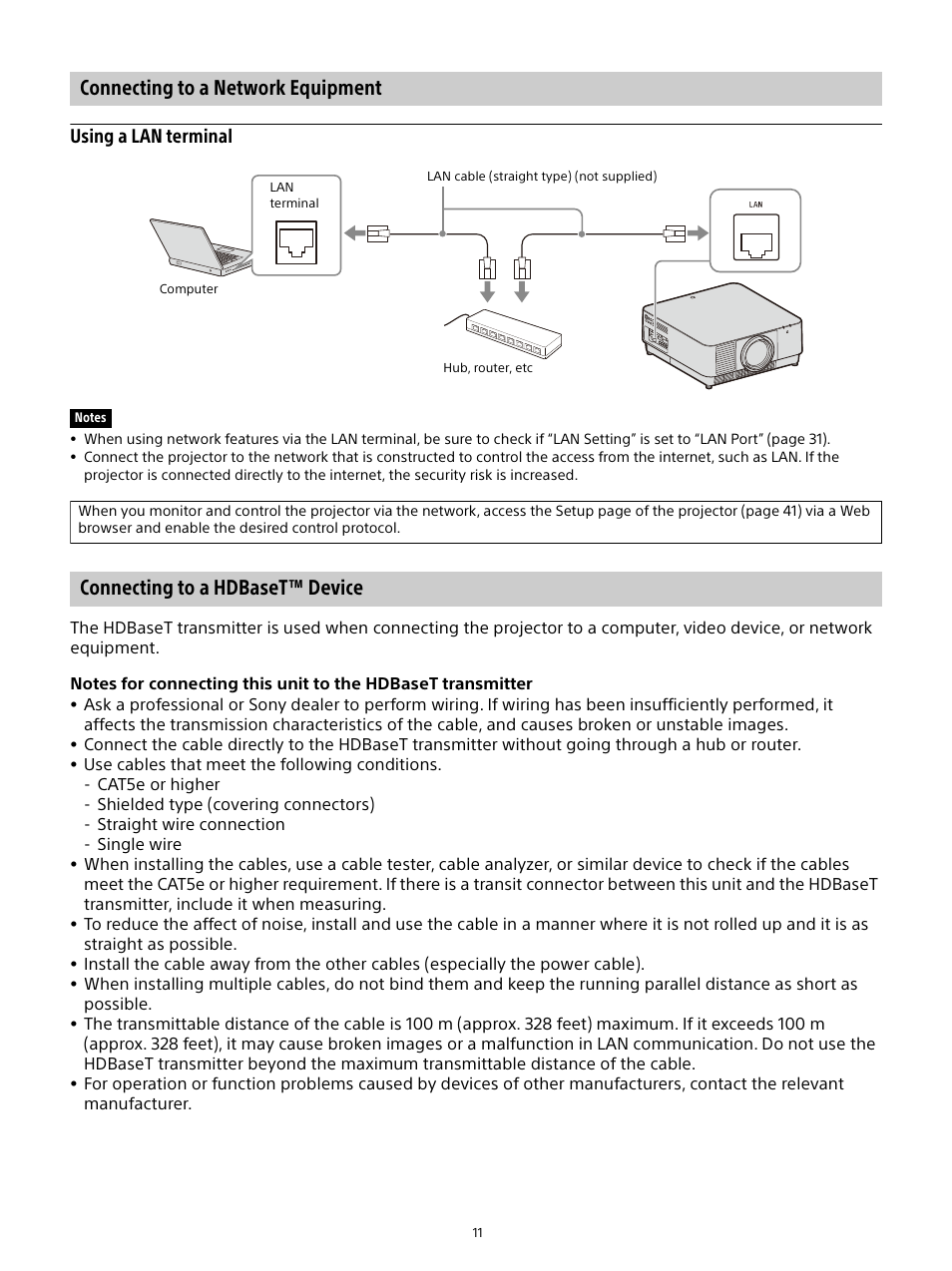 Connecting to a network equipment, Connecting to a hdbaset™ device, Using a lan terminal | Sony E 15mm f/1.4 G Lens User Manual | Page 11 / 64