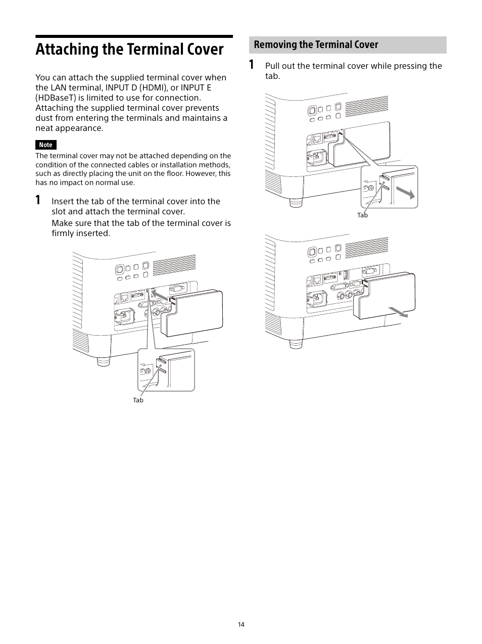 Attaching the terminal cover, Removing the terminal cover | Sony E 15mm f/1.4 G Lens User Manual | Page 14 / 64