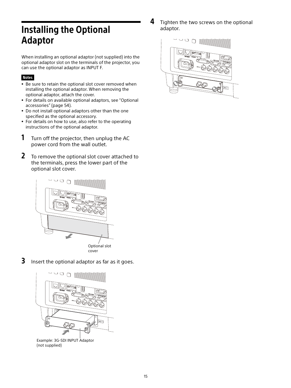 Installing the optional adaptor | Sony E 15mm f/1.4 G Lens User Manual | Page 15 / 64