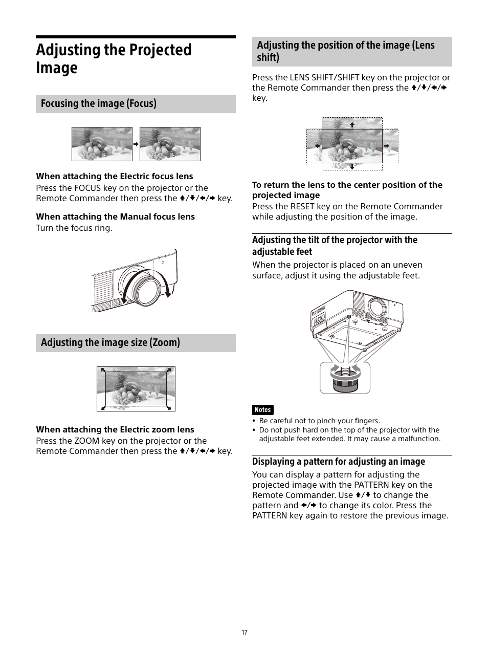 Adjusting the projected image, Focusing the image (focus), Adjusting the image size (zoom) | Adjusting the position of the image (lens shift), Shift) | Sony E 15mm f/1.4 G Lens User Manual | Page 17 / 64