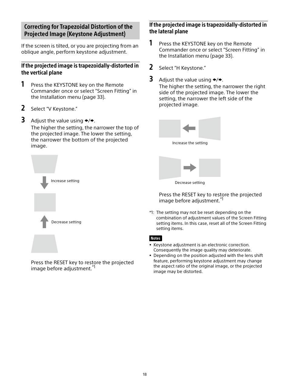 Correcting for trapezoidal distortion of the, Projected image (keystone adjustment) | Sony E 15mm f/1.4 G Lens User Manual | Page 18 / 64