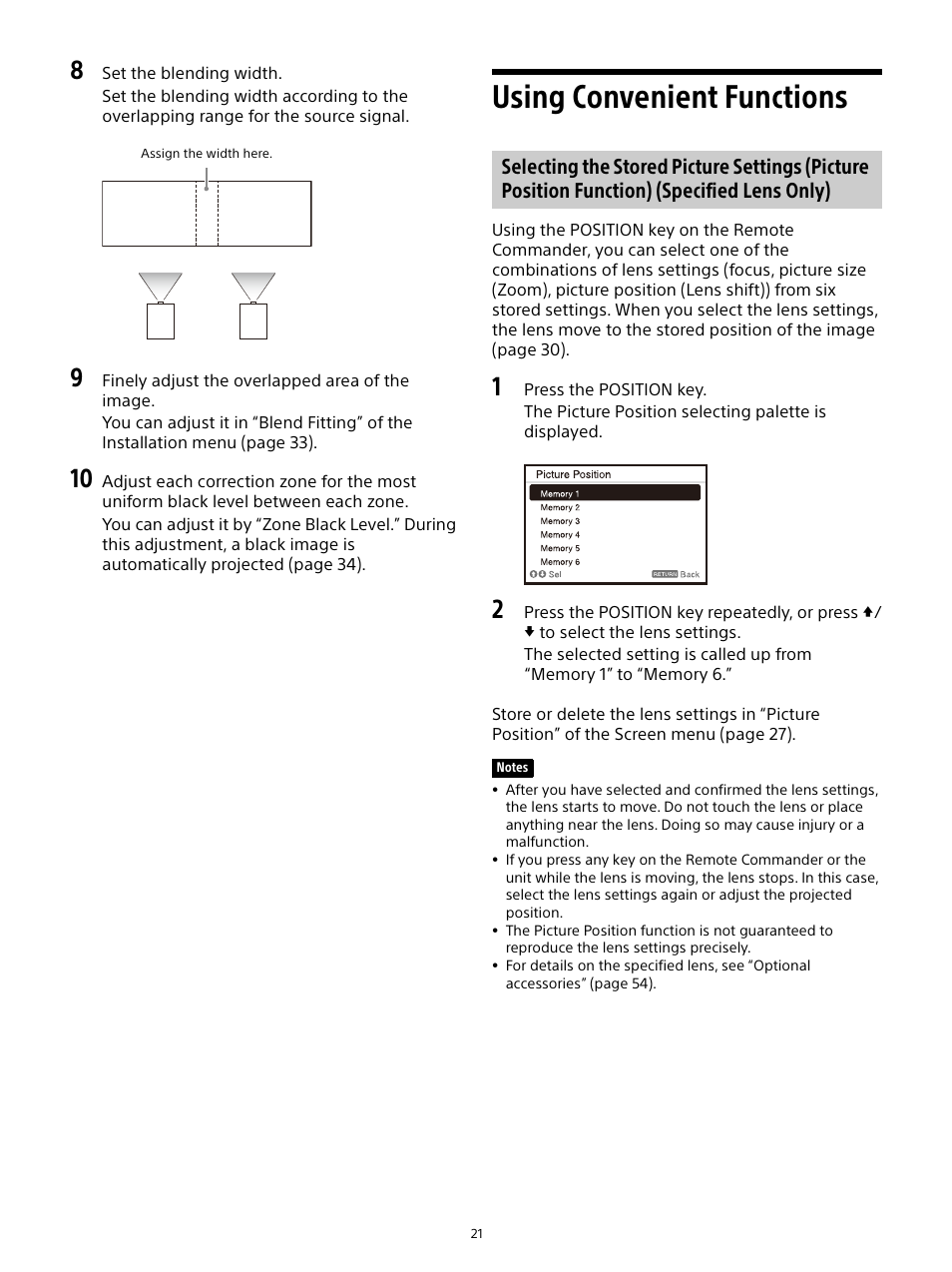 Using convenient functions, Selecting the stored picture settings (picture, Position function) (specified lens only) | Sony E 15mm f/1.4 G Lens User Manual | Page 21 / 64