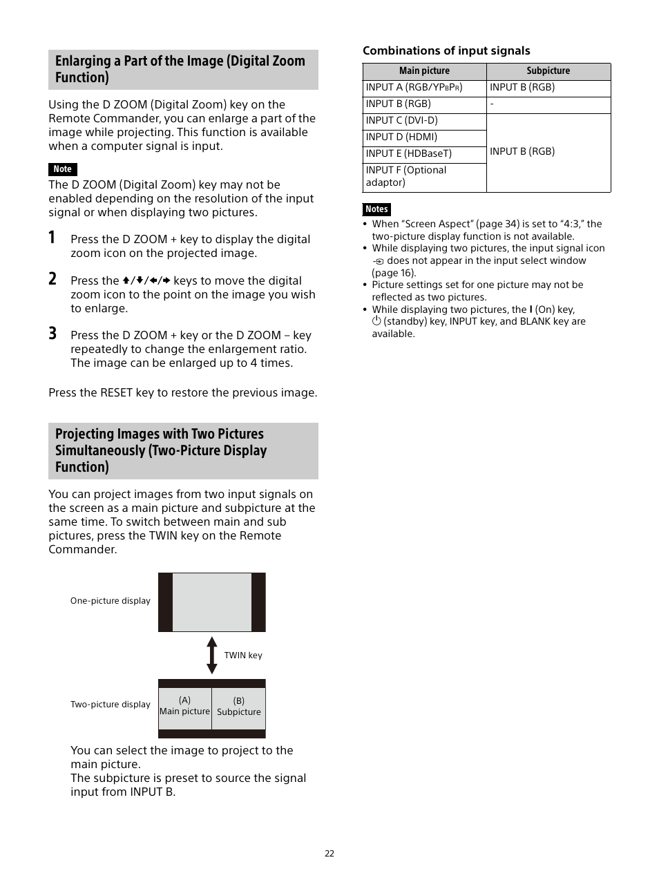 Enlarging a part of the image (digital zoom, Function), Projecting images with two pictures | Simultaneously (two-picture display function) | Sony E 15mm f/1.4 G Lens User Manual | Page 22 / 64