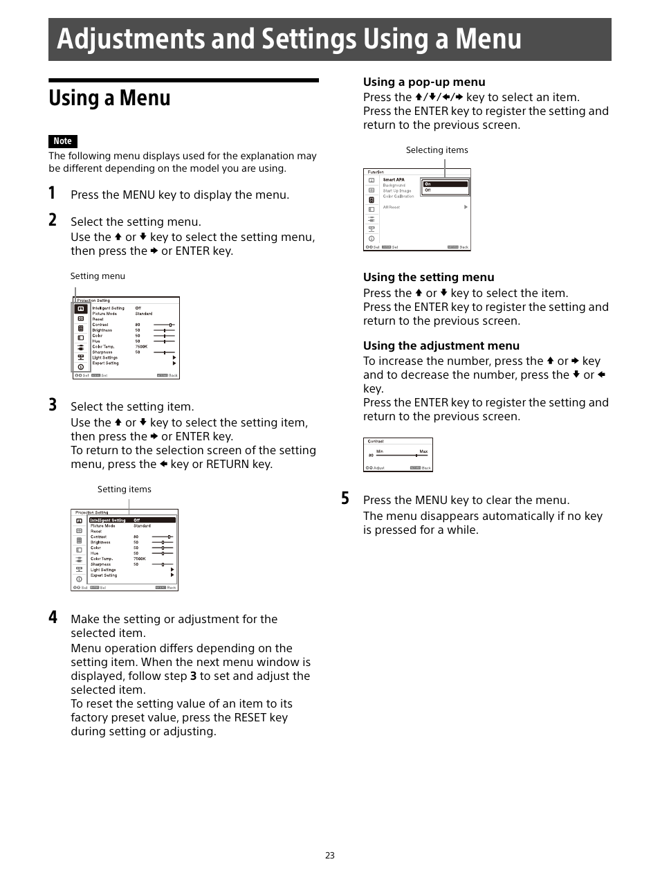 Adjustments and settings using a menu, Using a menu | Sony E 15mm f/1.4 G Lens User Manual | Page 23 / 64