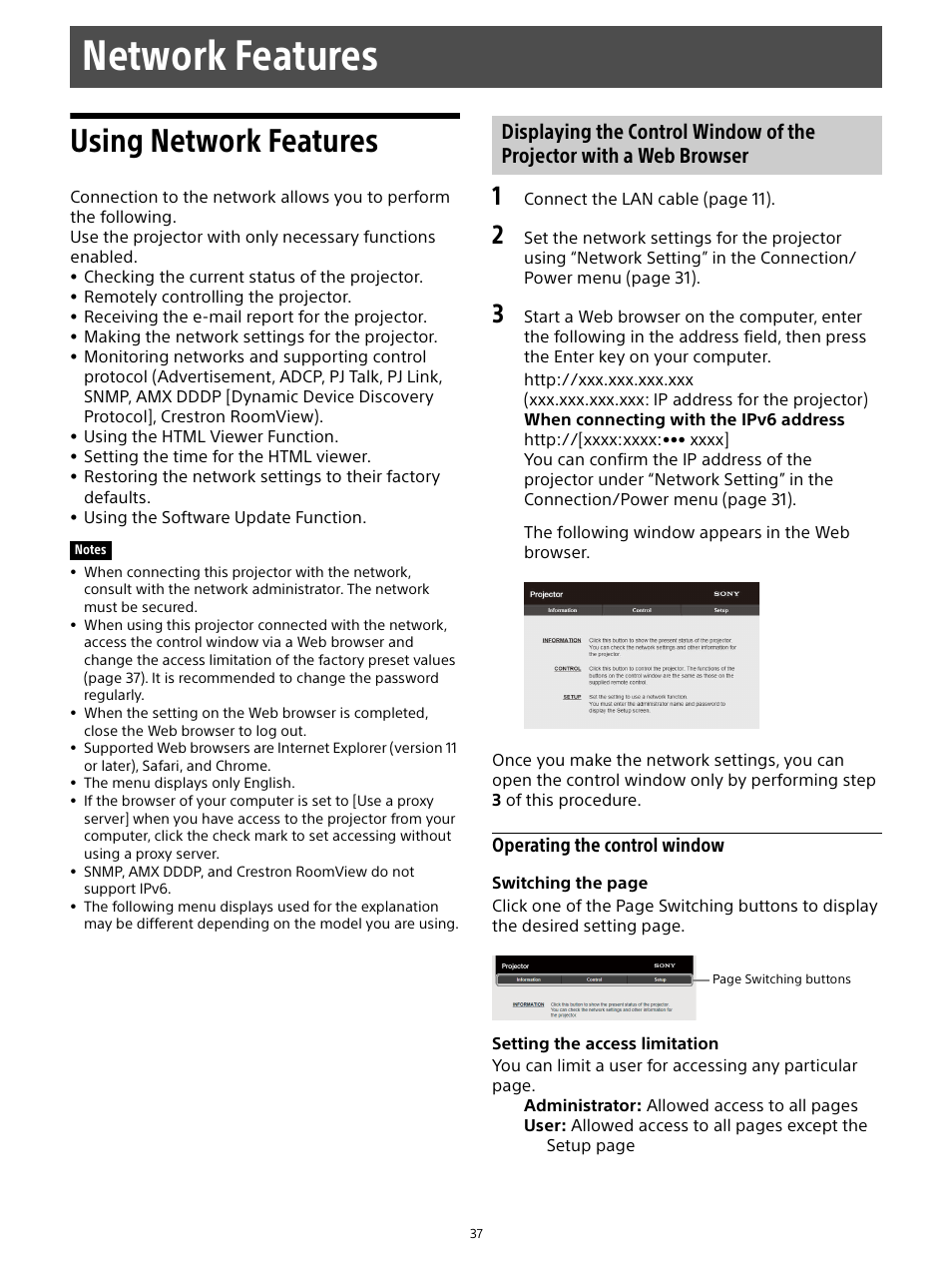 Network features, Using network features, Displaying the control window of the | Projector with a web browser, Operating the control window | Sony E 15mm f/1.4 G Lens User Manual | Page 37 / 64