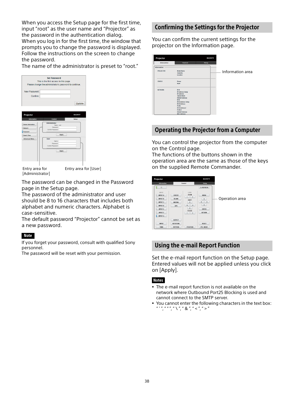 Confirming the settings for the projector, Operating the projector from a computer, Using the e-mail report function | Confirming the settings for the, Projector, Operating the projector from a, Computer | Sony E 15mm f/1.4 G Lens User Manual | Page 38 / 64