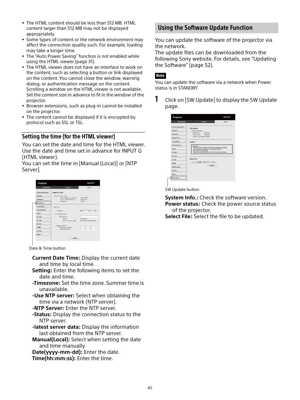 Using the software update function, Setting the time (for the html viewer) | Sony E 15mm f/1.4 G Lens User Manual | Page 45 / 64