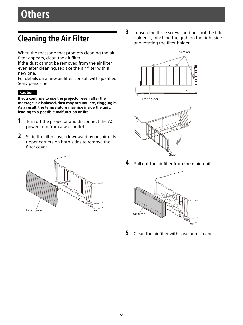 Others, Cleaning the air filter | Sony E 15mm f/1.4 G Lens User Manual | Page 51 / 64