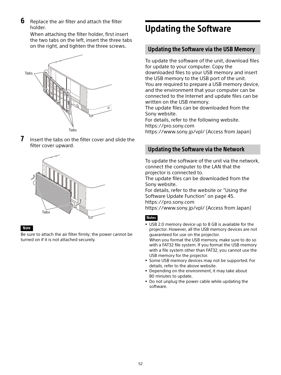 Updating the software, Updating the software via the usb memory, Updating the software via the network | Updating the software via the usb, Memory | Sony E 15mm f/1.4 G Lens User Manual | Page 52 / 64