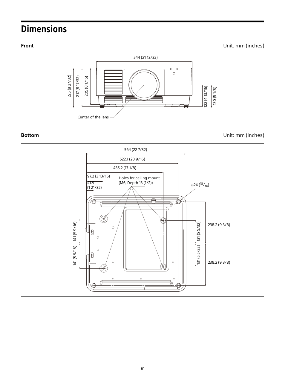 Dimensions, Front unit: mm (inches) bottom unit: mm (inches) | Sony E 15mm f/1.4 G Lens User Manual | Page 61 / 64