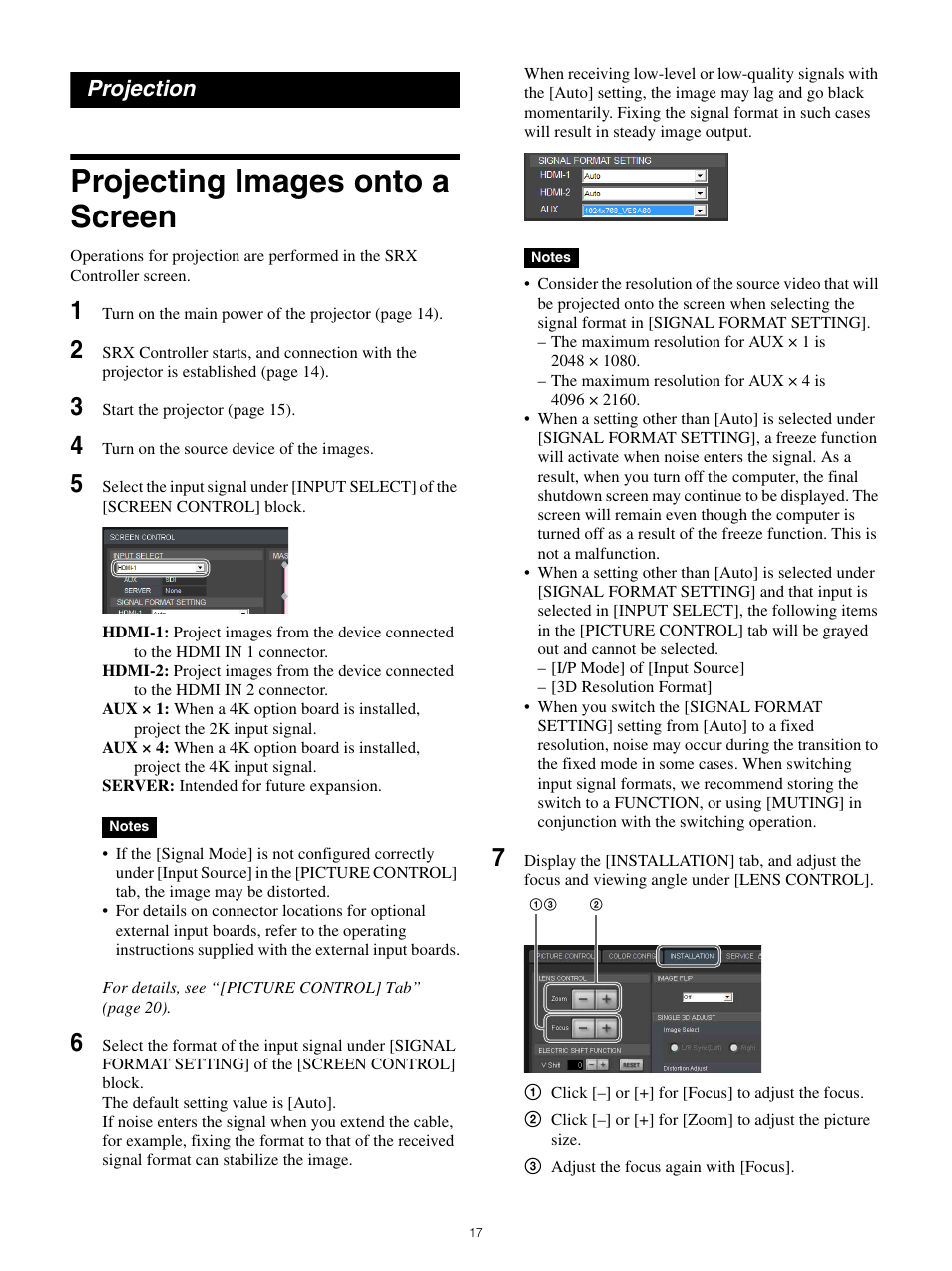 Projection, Projecting images onto a screen | Sony FE 70-200mm f/4 G OSS Lens User Manual | Page 17 / 31