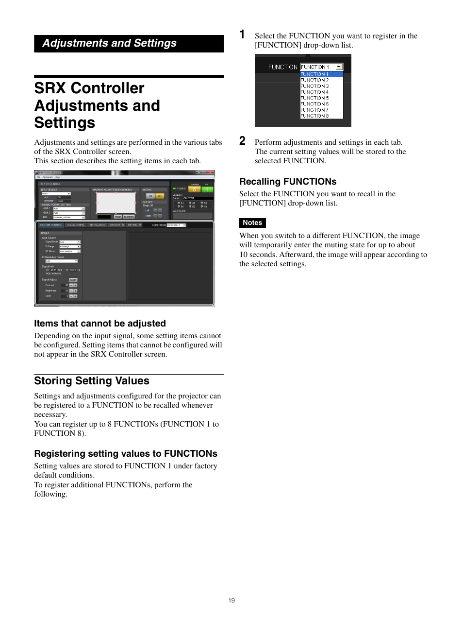 Adjustments and settings, Srx controller adjustments and settings, Storing setting values | Sony FE 70-200mm f/4 G OSS Lens User Manual | Page 19 / 31