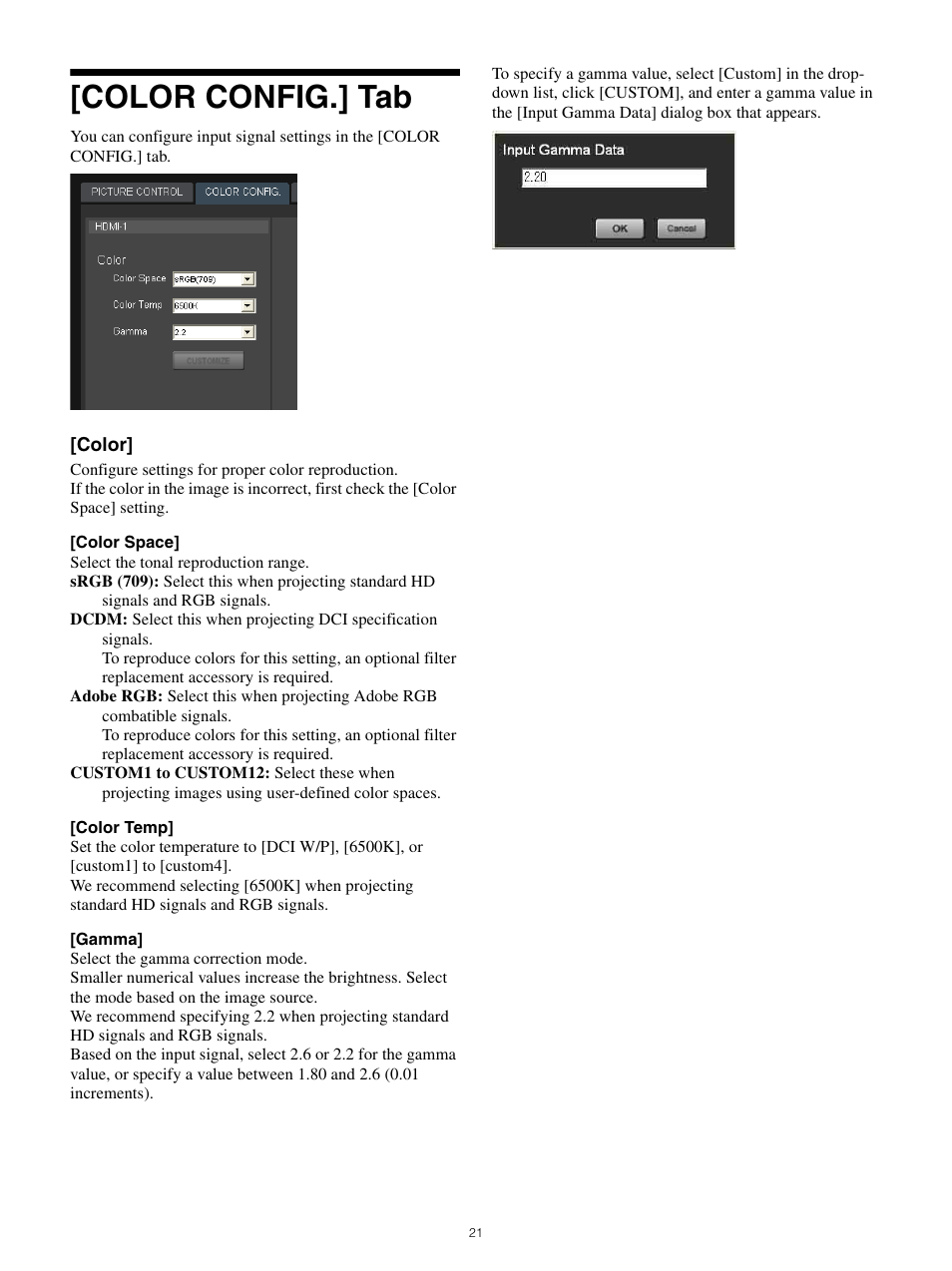 Color config.] tab | Sony FE 70-200mm f/4 G OSS Lens User Manual | Page 21 / 31