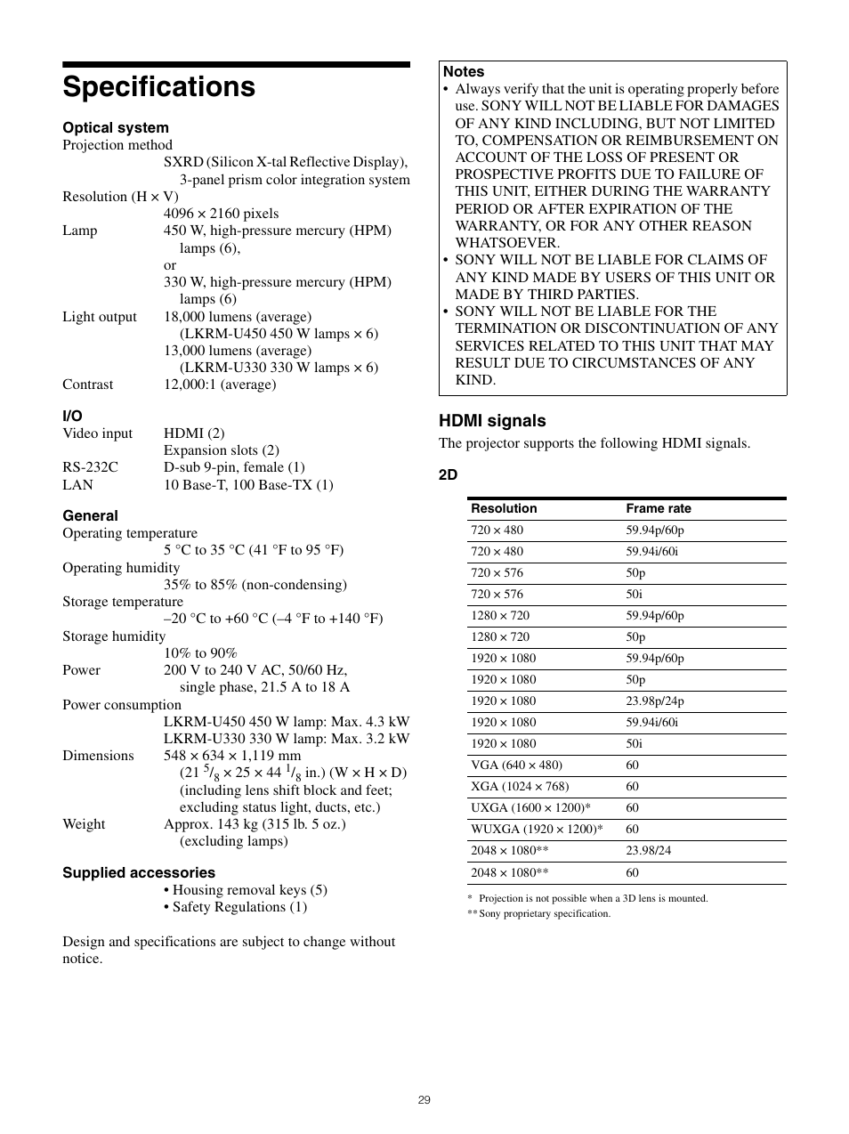 Specifications, Hdmi signals | Sony FE 70-200mm f/4 G OSS Lens User Manual | Page 29 / 31