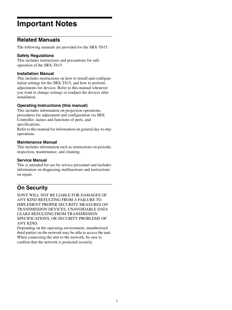 Important notes, Related manuals, On security | Related manuals on security | Sony FE 70-200mm f/4 G OSS Lens User Manual | Page 3 / 31