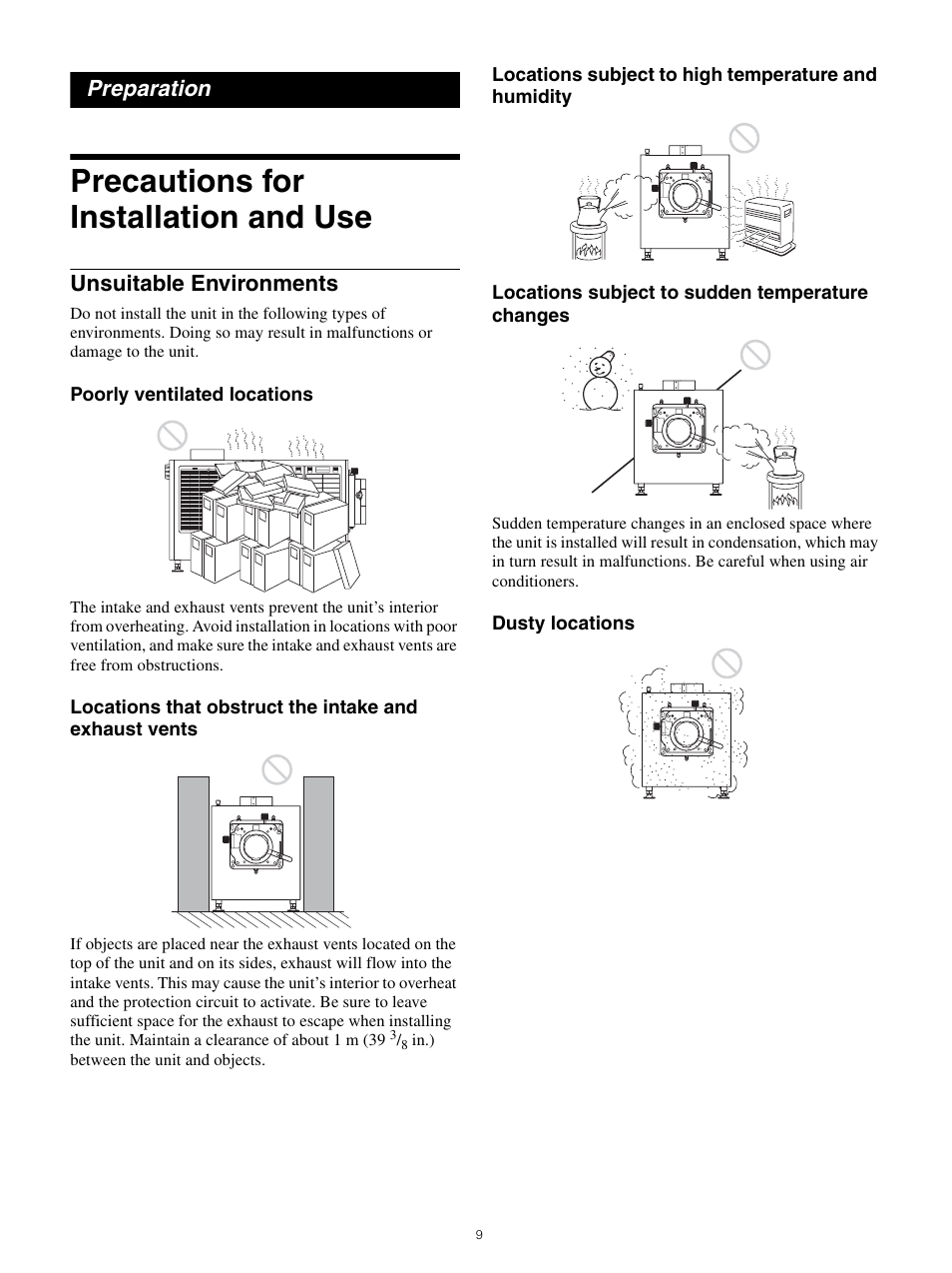 Preparation, Precautions for installation and use, Unsuitable environments | Sony FE 70-200mm f/4 G OSS Lens User Manual | Page 9 / 31
