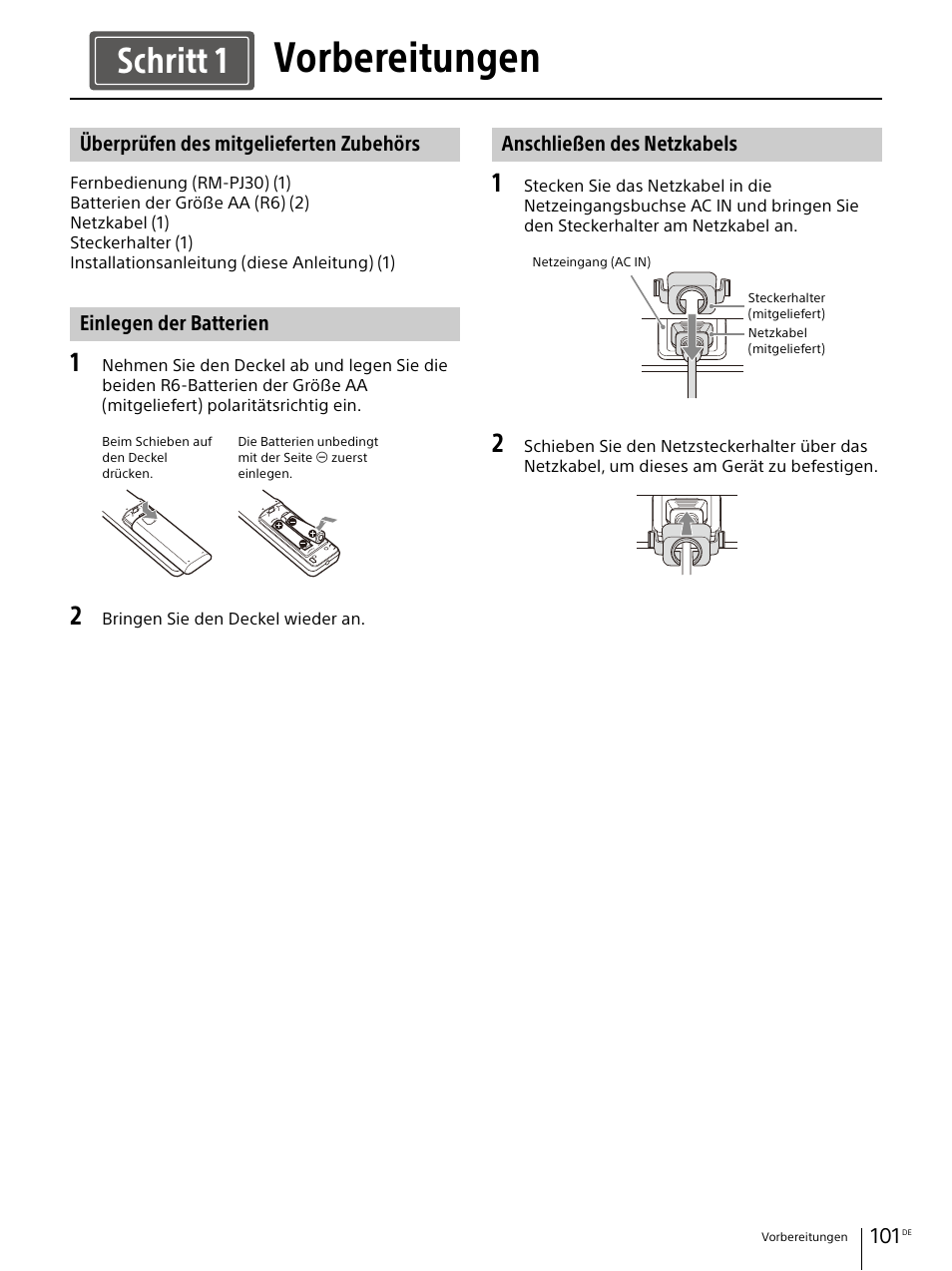 Vorbereitungen, Überprüfen des mitgelieferten zubehörs, Einlegen der batterien | Anschließen des netzkabels, Seite 101, Schritt 1 | Sony E 30mm f/3.5 Macro Lens User Manual | Page 101 / 135