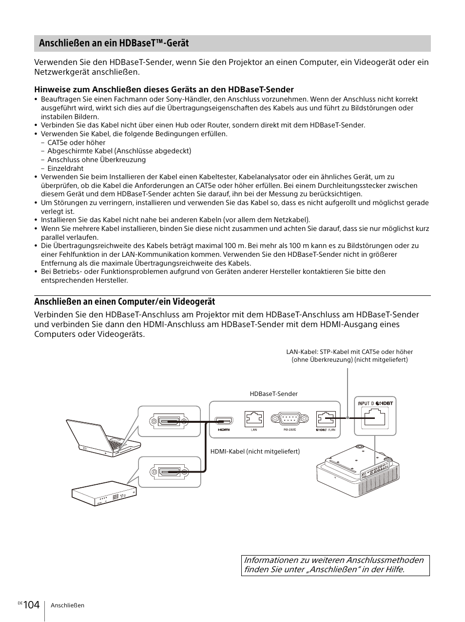 Anschließen an ein hdbaset™-gerät, Anschließen an einen computer/ein videogerät | Sony E 30mm f/3.5 Macro Lens User Manual | Page 104 / 135