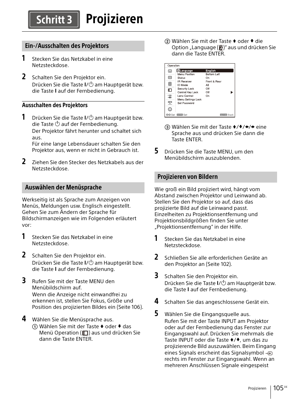 Projizieren, Ein-/ausschalten des projektors, Auswählen der menüsprache | Projizieren von bildern, Seite 105, Schritt 3 | Sony E 30mm f/3.5 Macro Lens User Manual | Page 105 / 135