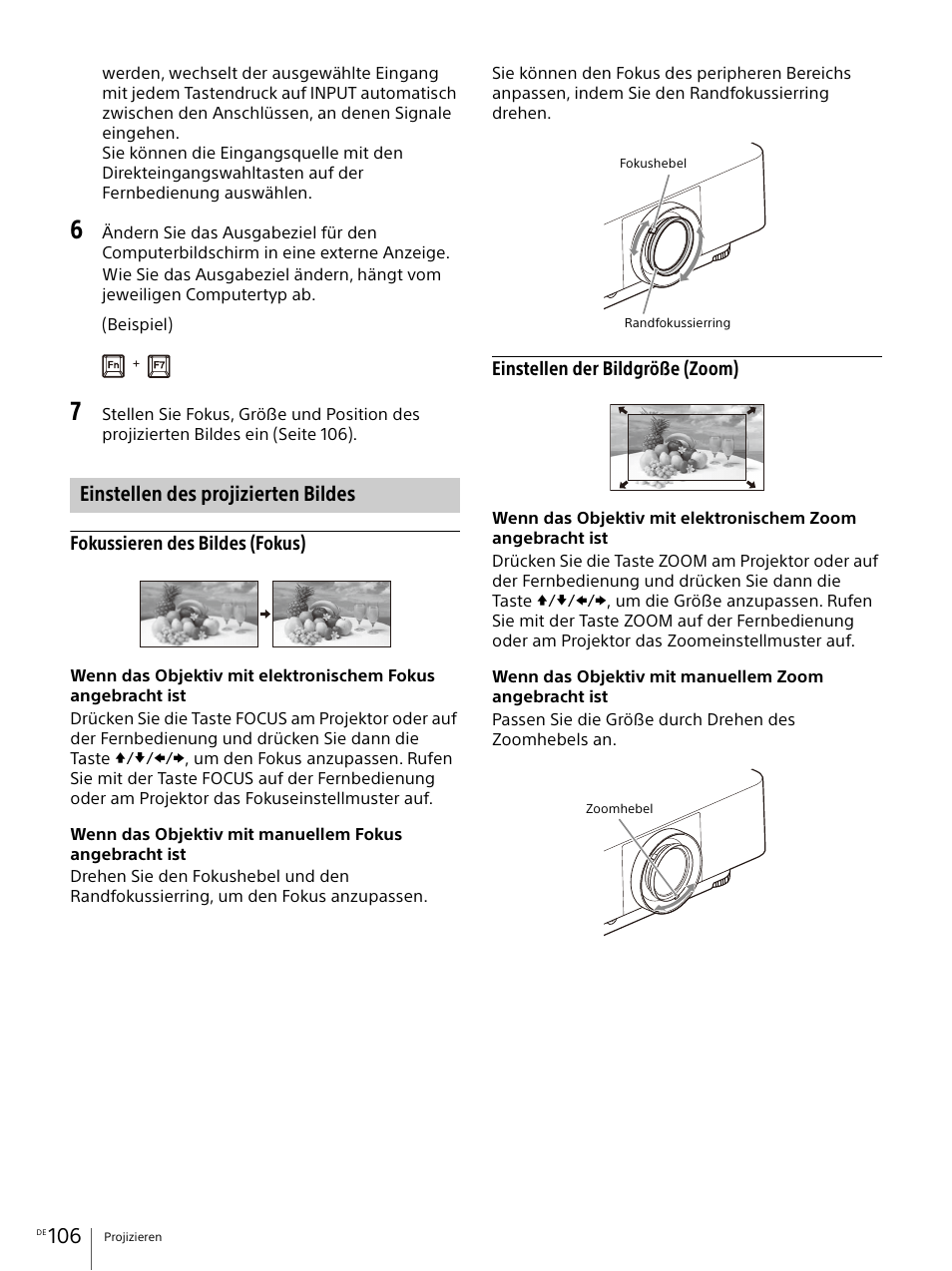 Einstellen des projizierten bildes | Sony E 30mm f/3.5 Macro Lens User Manual | Page 106 / 135