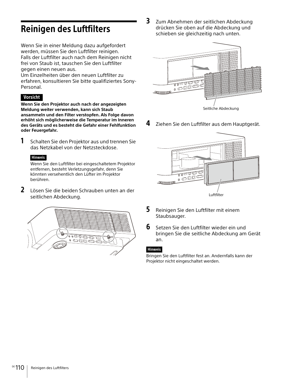 Reinigen des luftfilters, Seite 110 | Sony E 30mm f/3.5 Macro Lens User Manual | Page 110 / 135