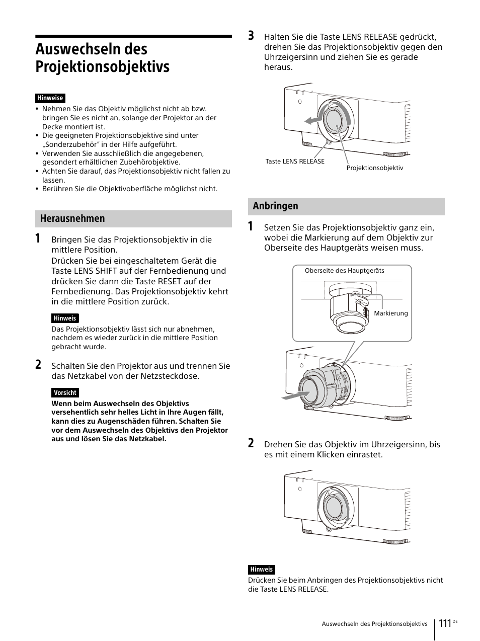 Auswechseln des projektionsobjektivs, Herausnehmen, Anbringen | Seite 111 | Sony E 30mm f/3.5 Macro Lens User Manual | Page 111 / 135