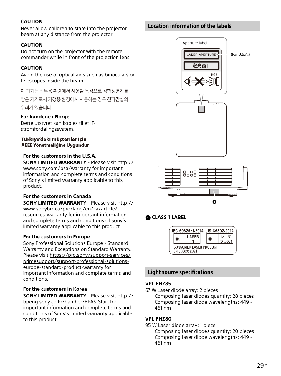 Location information of the labels, Light source specifications | Sony E 30mm f/3.5 Macro Lens User Manual | Page 29 / 135