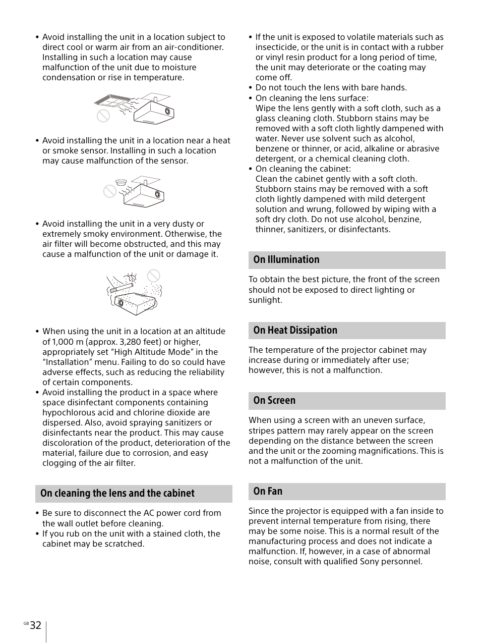 On cleaning the lens and the cabinet, On illumination, On heat dissipation | On screen, On fan | Sony E 30mm f/3.5 Macro Lens User Manual | Page 32 / 135