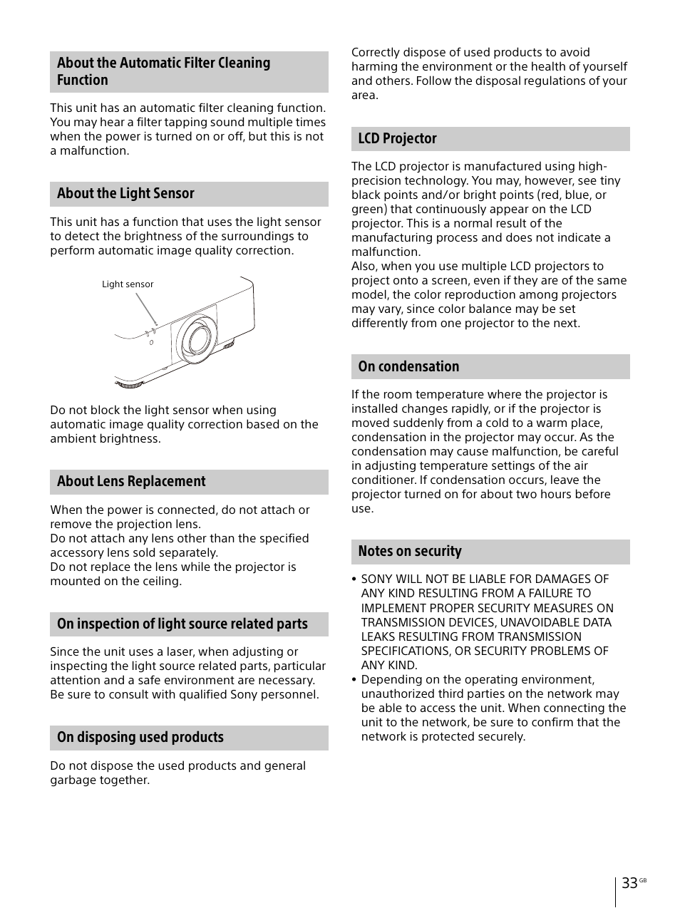 About the automatic filter cleaning function, About the light sensor, About lens replacement | On inspection of light source related parts, On disposing used products, Lcd projector, On condensation, Notes on security | Sony E 30mm f/3.5 Macro Lens User Manual | Page 33 / 135