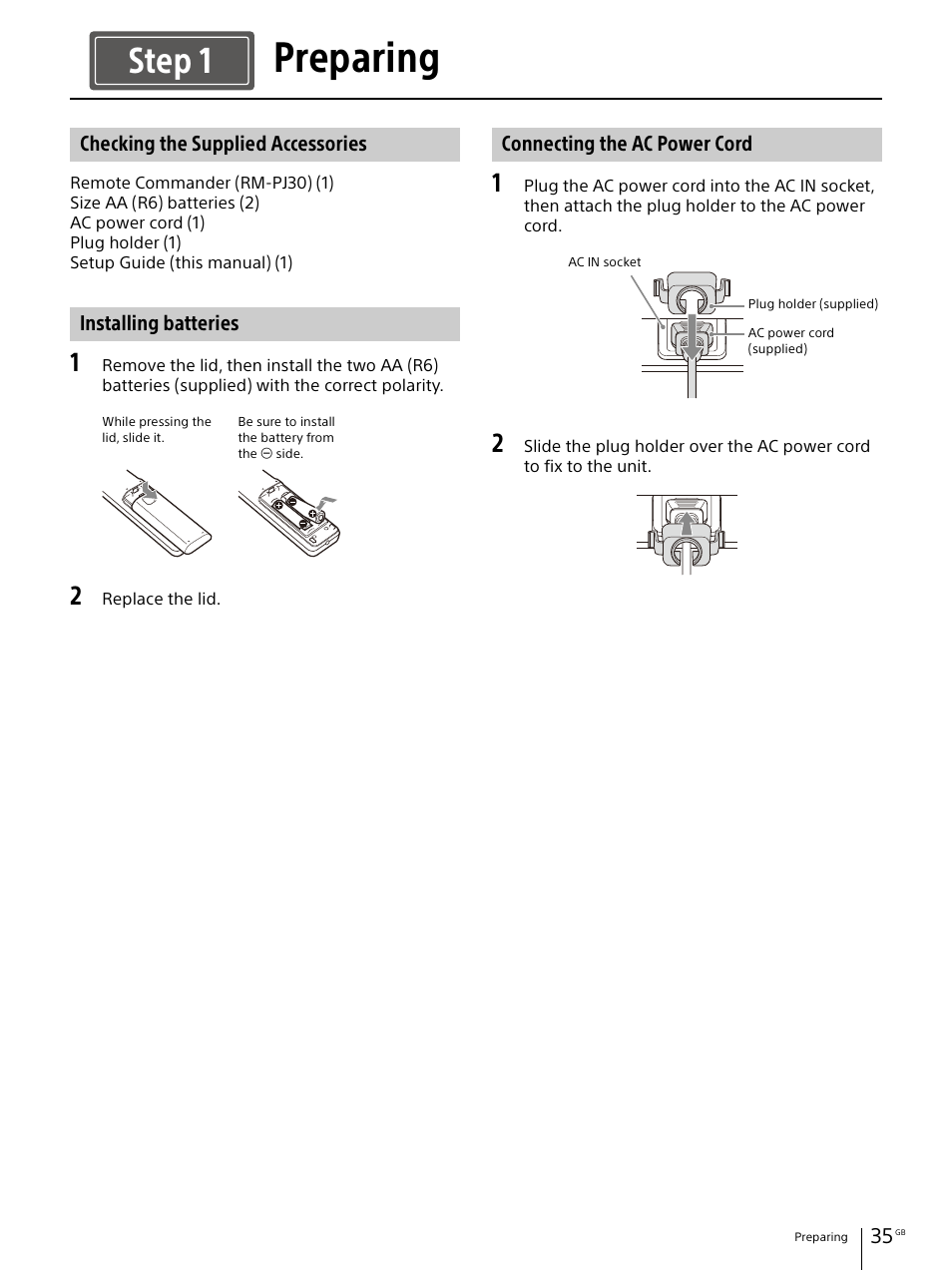 Preparing, Checking the supplied accessories, Installing batteries | Connecting the ac power cord, Step 1 | Sony E 30mm f/3.5 Macro Lens User Manual | Page 35 / 135