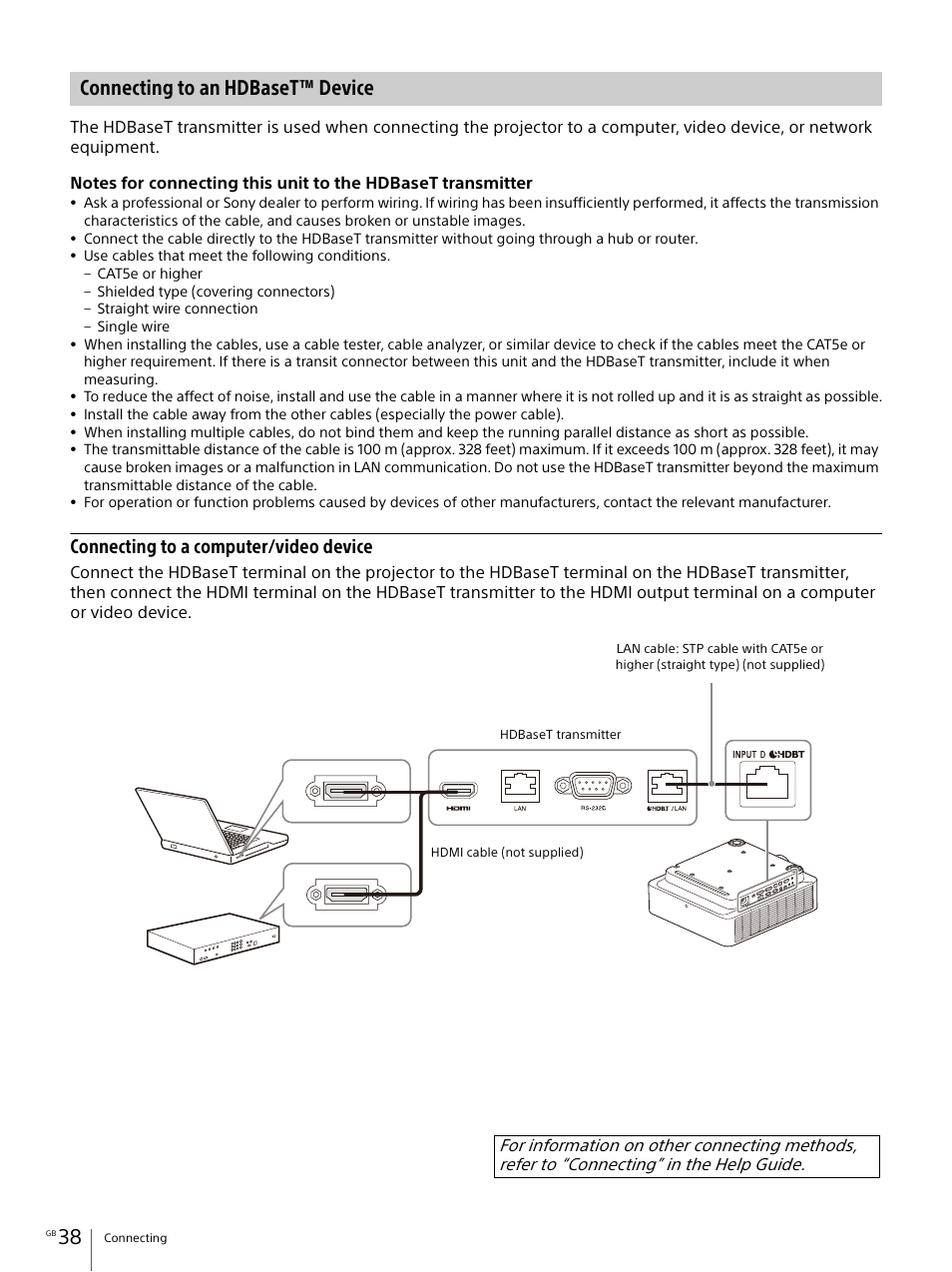 Connecting to an hdbaset™ device, Connecting to a computer/video device | Sony E 30mm f/3.5 Macro Lens User Manual | Page 38 / 135